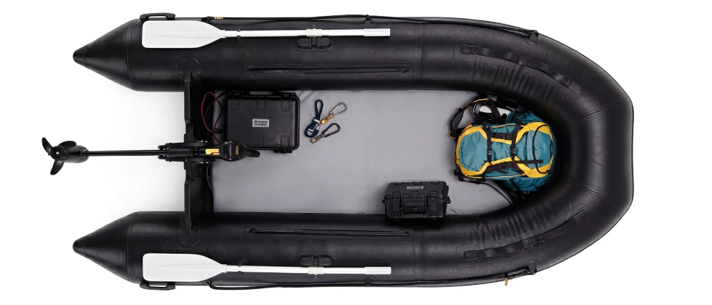 Bronson MBL Pro lithium battery with trolling motor on inflatable fishing raft