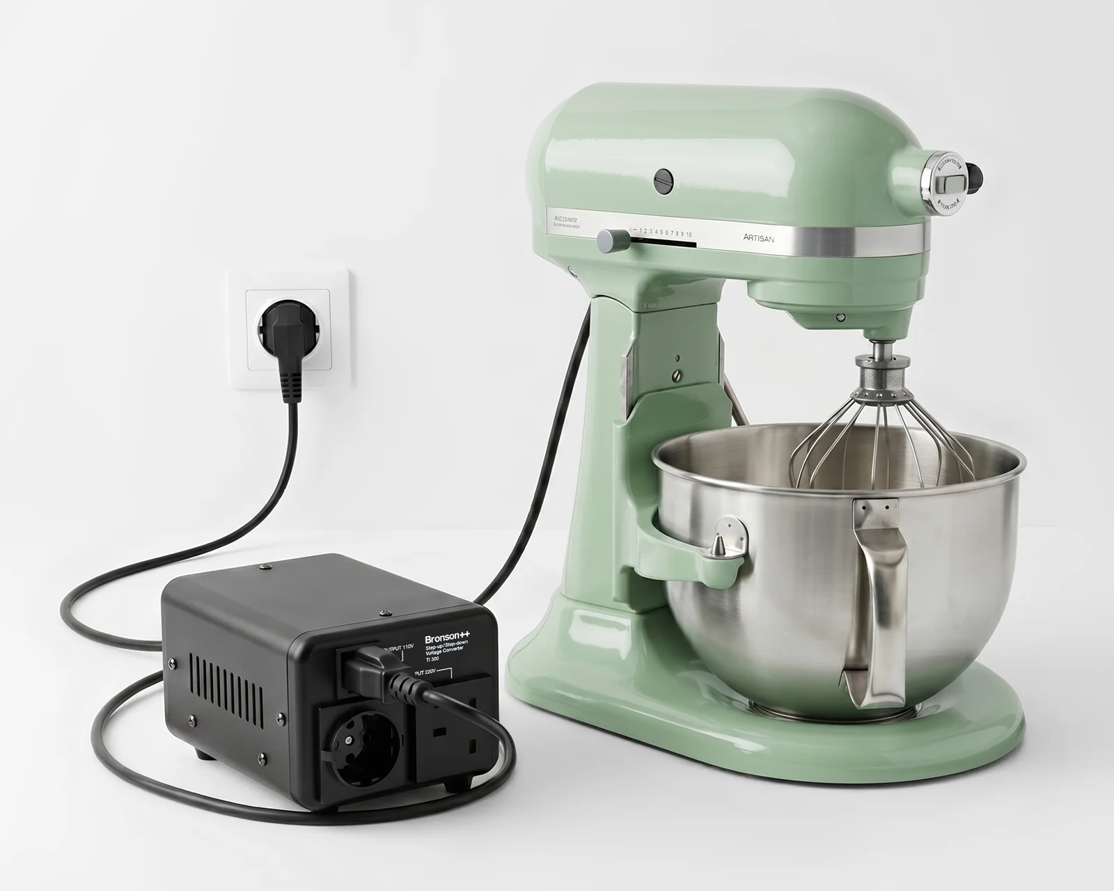 Bronson TI-500 voltage converter powering a KitchenAid stand mixer