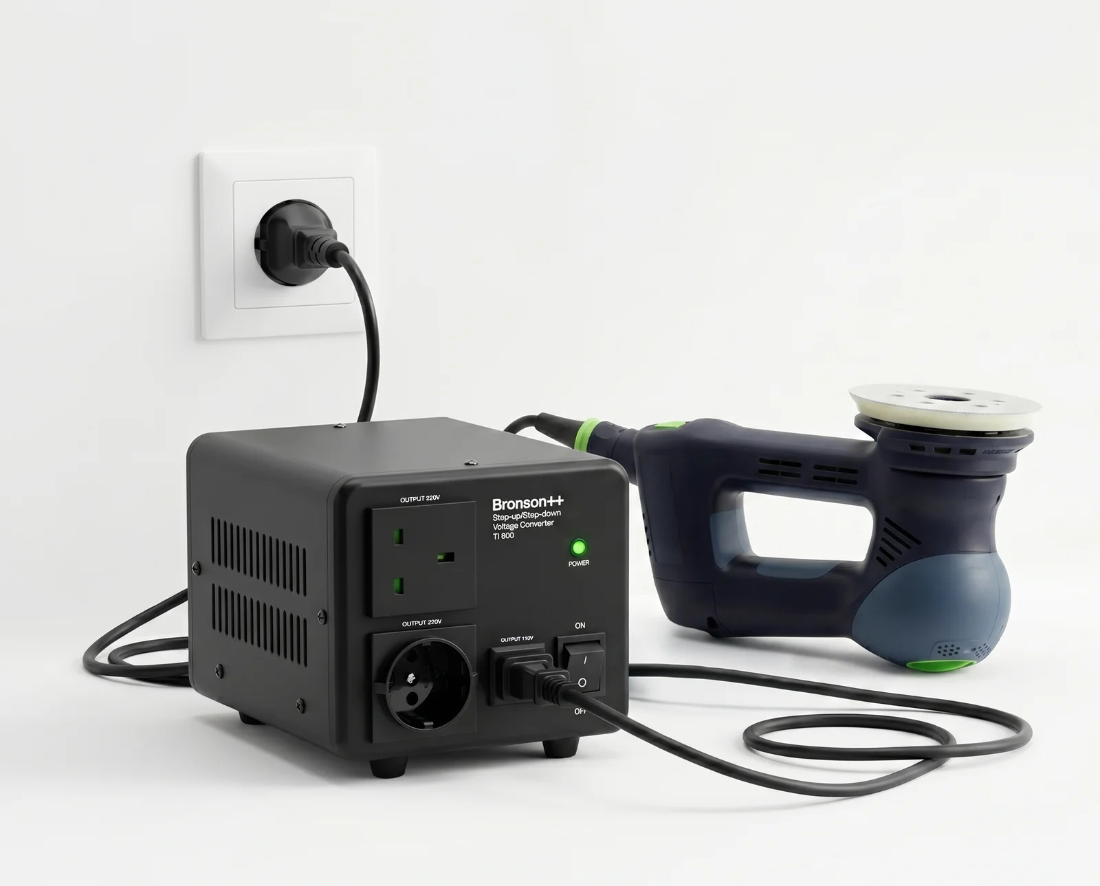 Bronson TI-800 voltage converter powering a Festool orbital sander