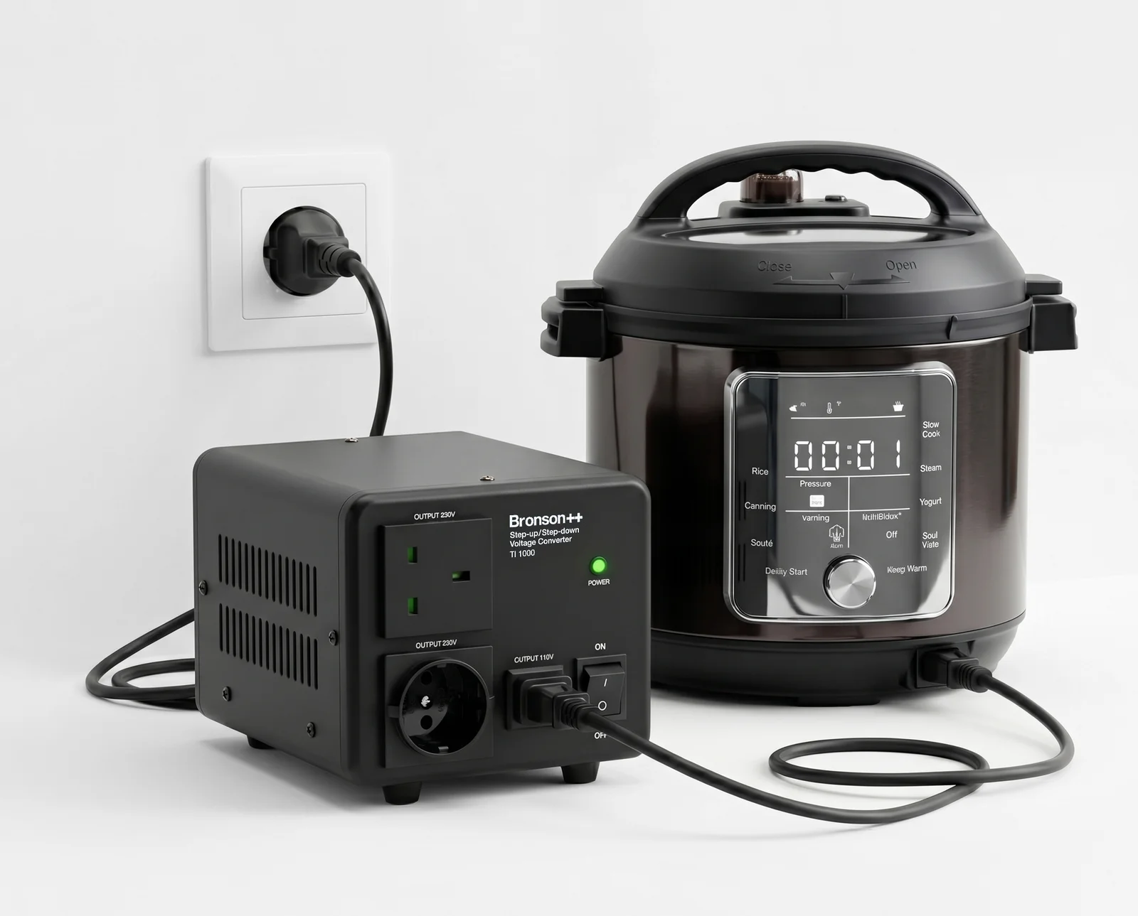 Bronson TI-1000 voltage converter powering a US Instant Pot pressure cooker