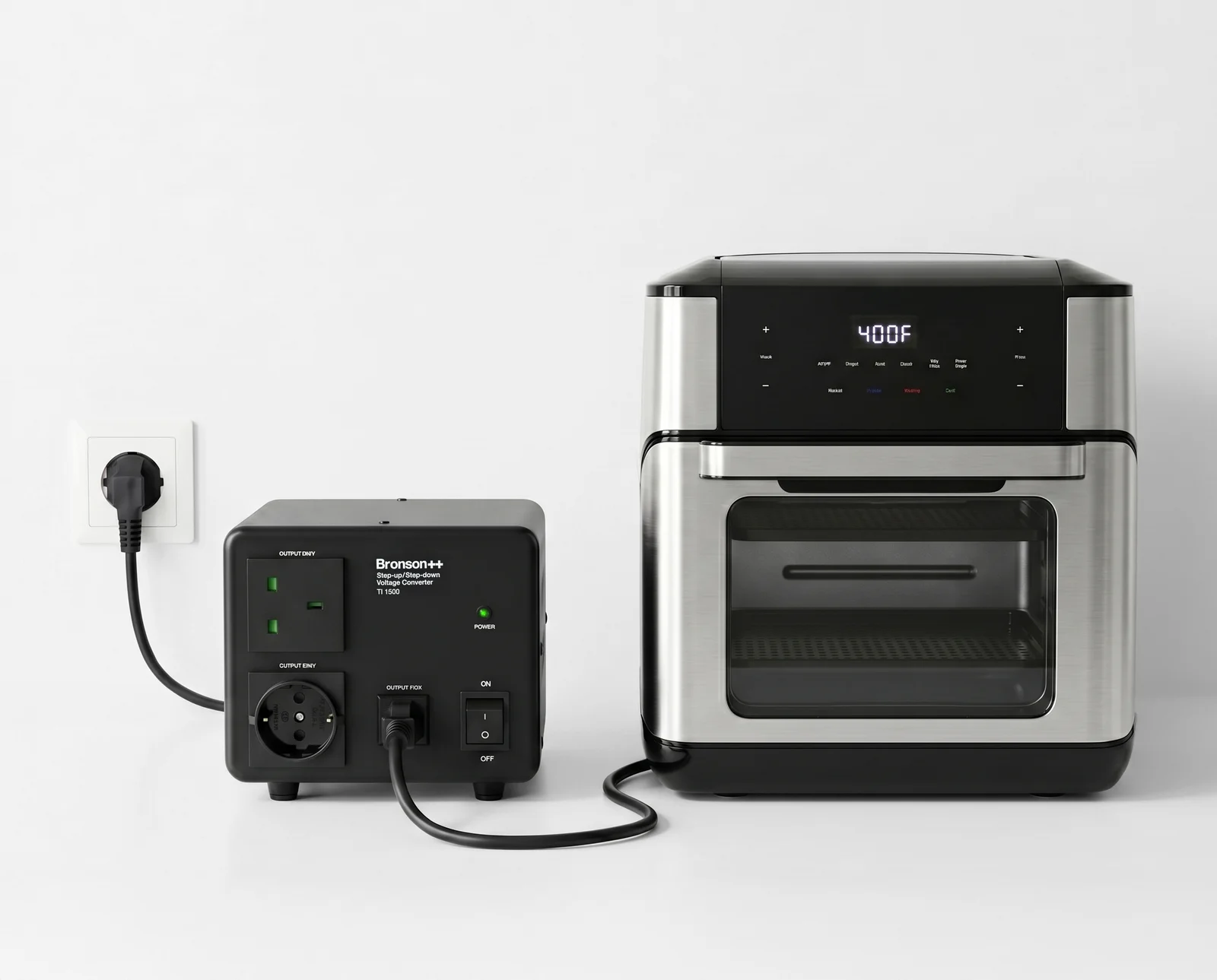 Bronson TI-1500 step-down converter powering a large US air fryer oven